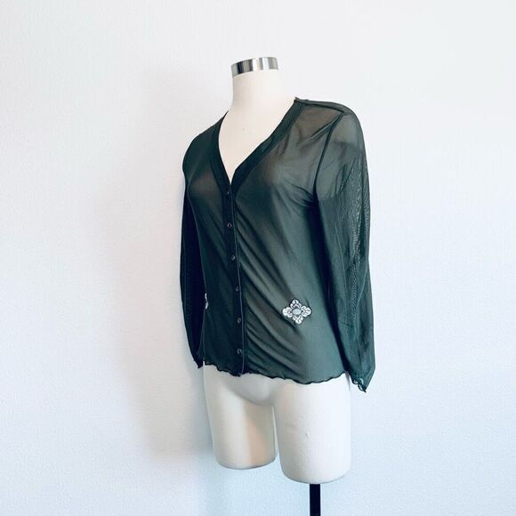 Vintage Boutique Europa Sheer Green Embroidered Cardigan Top Blouse Small - Picture 3 of 7